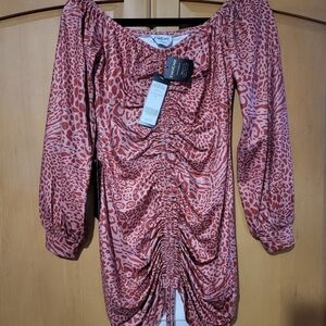 Bebe Leopard/Tiger Print Ruched Mini Dress